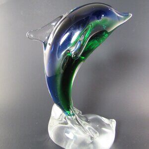 ART GLASS BLUE & GREEN DOLPHIN FIGURINE PAPERWEIGHT